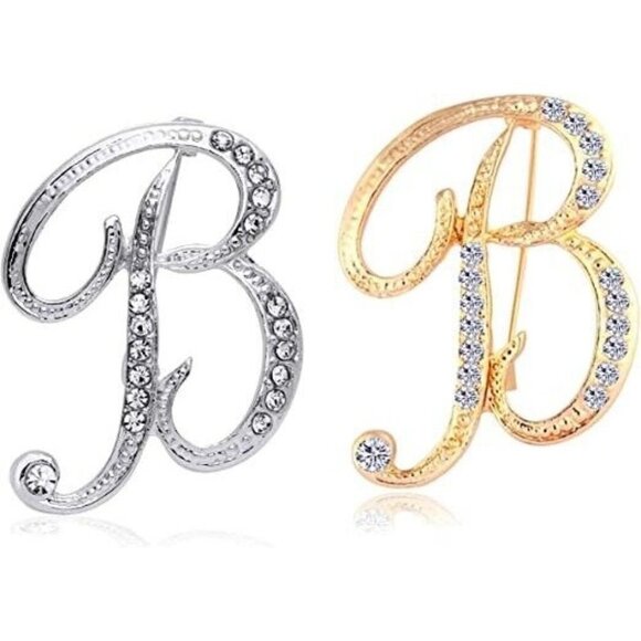 Initial Letter B Brooch Pin Fashion Silver and Gold with Crystals Set of… - Picture 1 of 6